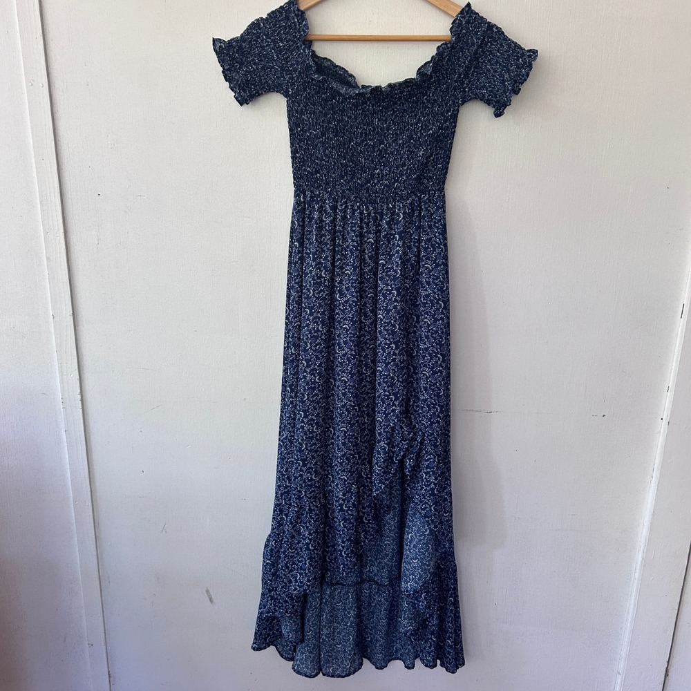 Mi Ami Francescas Maxi Dress Women Medium Blue Floral Smocked High Low Cottage